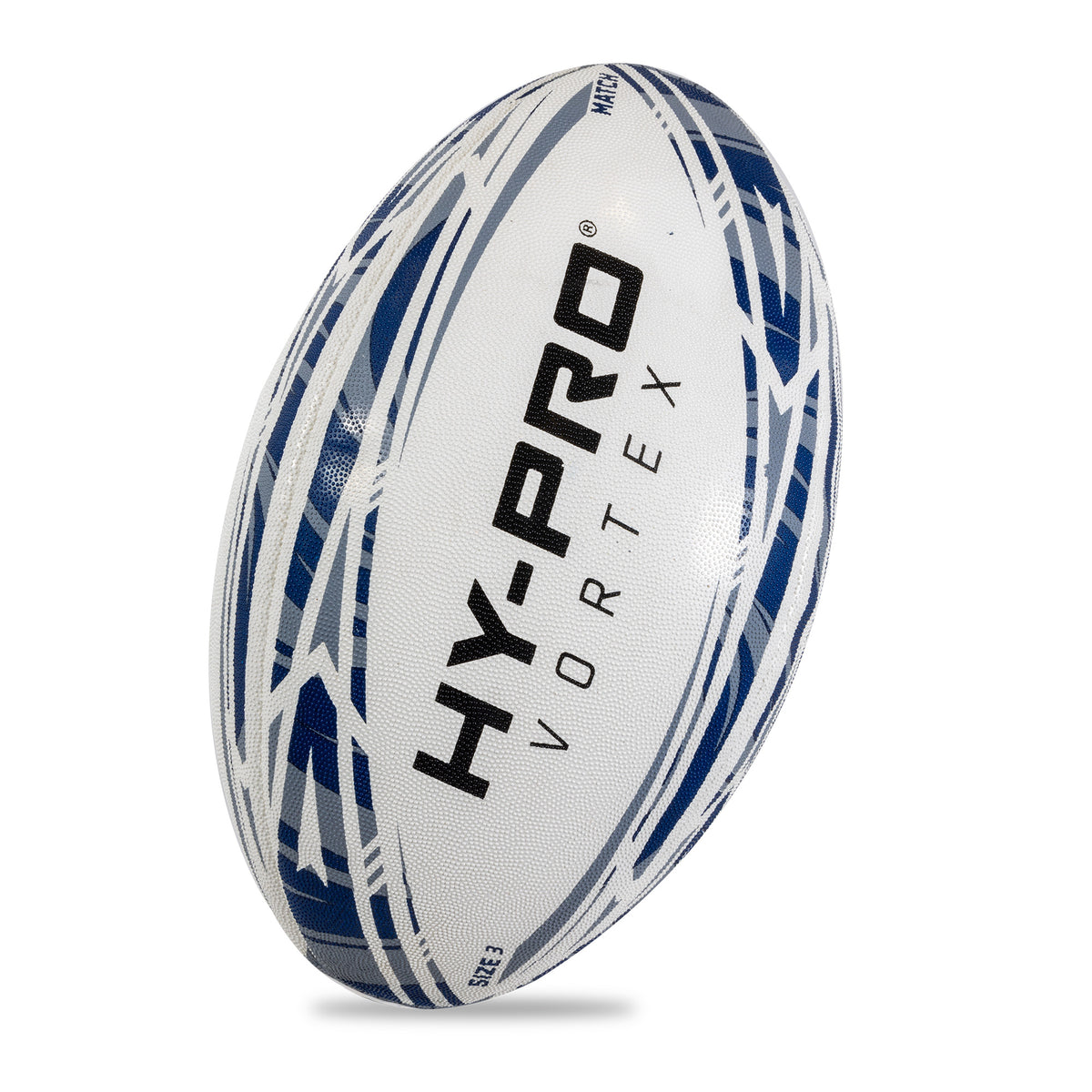 Hy-Pro Vortex Rugby Match Ball at a side angle showing the blue design on a white background