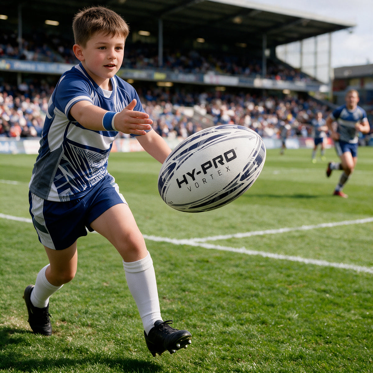 Child throwing Hy-Pro Vortex Rugby Match Ball during a rugby match