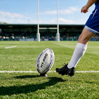 Hy-Pro Vortex Rugby Match Ball about to be kicked across a rugby pitch