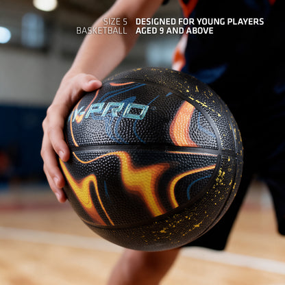 Hy-Pro size 5 basketball in orbit design being dribbled across a basketball court