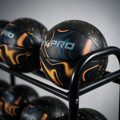 Hy-Pro size 5 orbit basketball on a ball rack  with a grey background