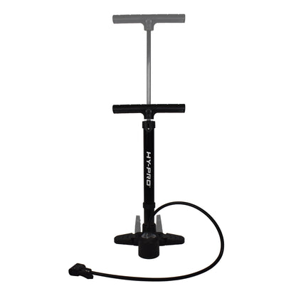 Black stand up pump showing how the handle moves up and down to inflate on a white background