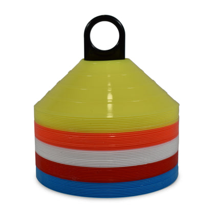 Hy-Pro Sports 50pk of colourful training cones suitable for multiple sports on a white background