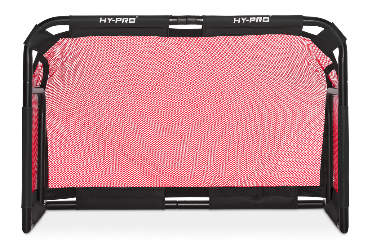 Football goals by hy-pro sports. 3V3 collapsible goal by Hy-Pro sports in bold black and red design on a white background