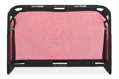 Football goals by hy-pro sports. 3V3 collapsible goal by Hy-Pro sports in bold black and red design on a white background