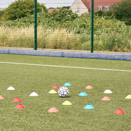 Hy-Pro sports colourful multi sport training cones on a football pitch next to a football 