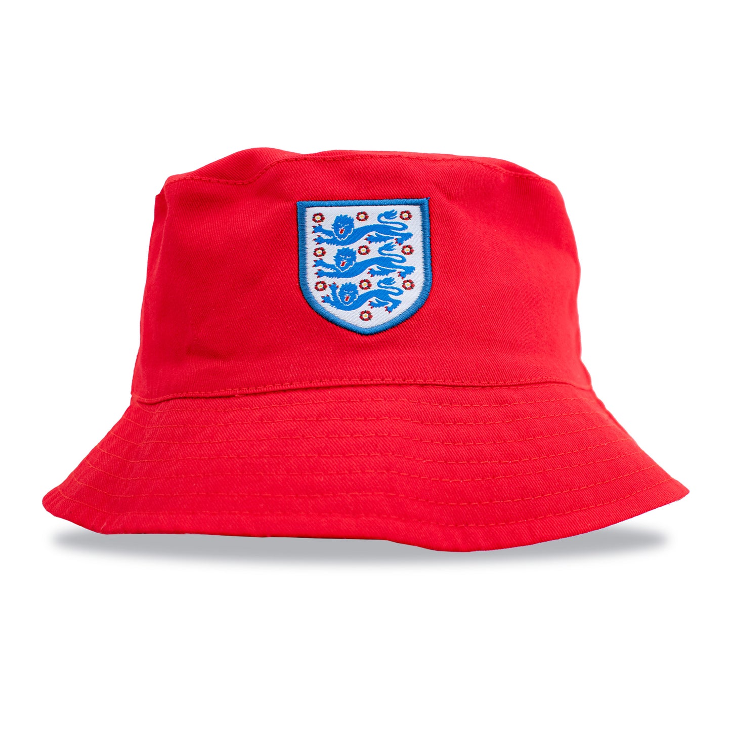 Officially licensed England bucket hat in red with 3 lions crest on a white background