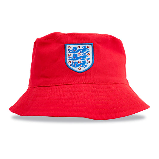 Officially licensed England bucket hat in red with 3 lions crest on a white background