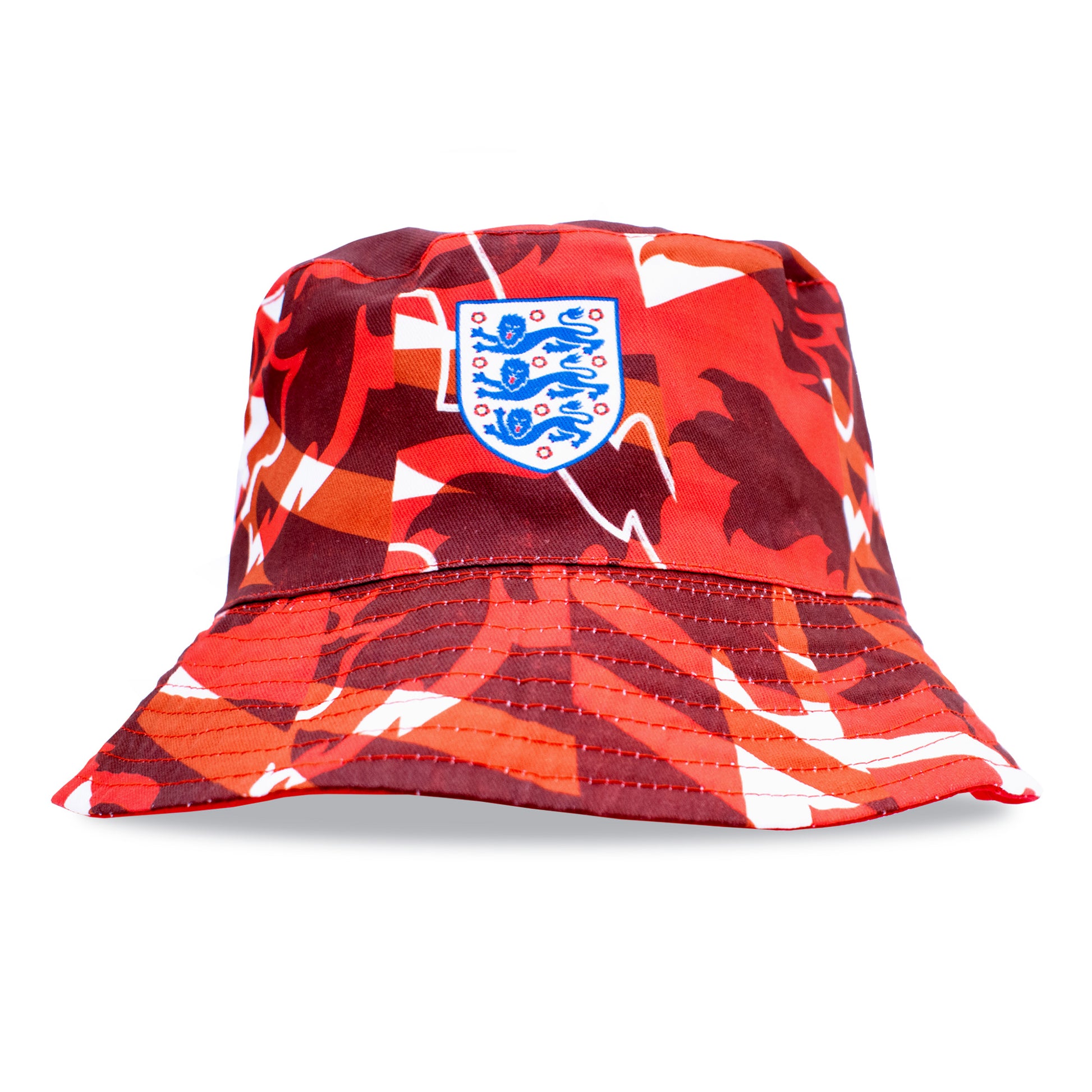 Officially licensed England bucket hat in red pattern with 3 lions crest by Hy-Pro on a white background