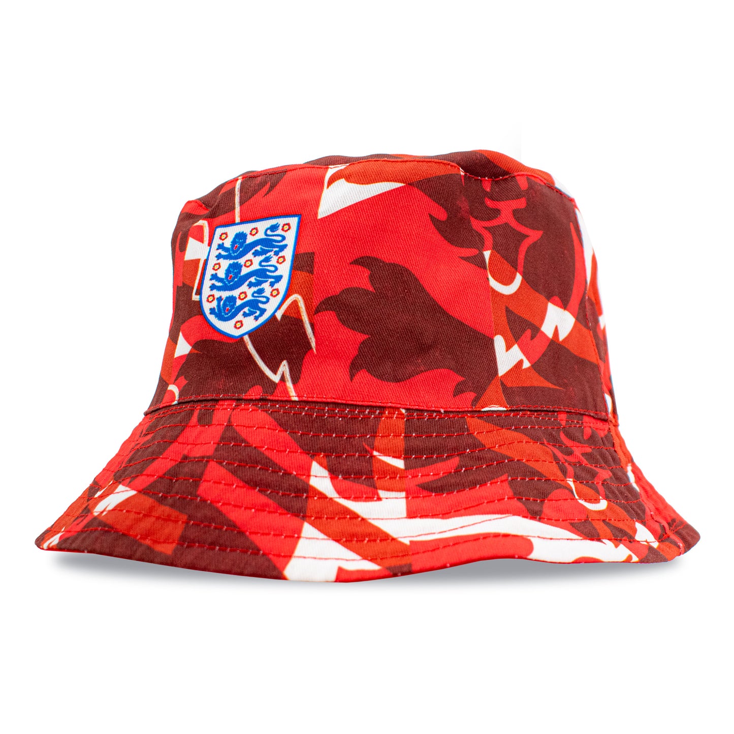 Officially licensed England bucket hat in red with 3 lions crest and red lions pattern by Hy-Pro on a white background