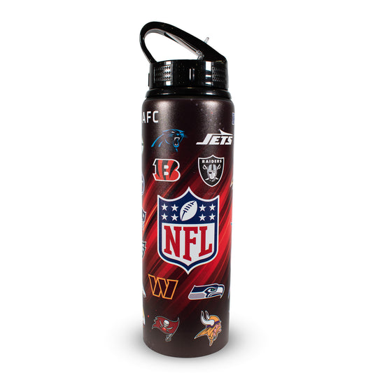 Officially Licensed NFL 750ml Aluminium Water Bottle with red and black design and team logos on a white background