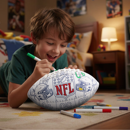 Colour in American football with NFL logo being coloured in by young boy in a bedroom
