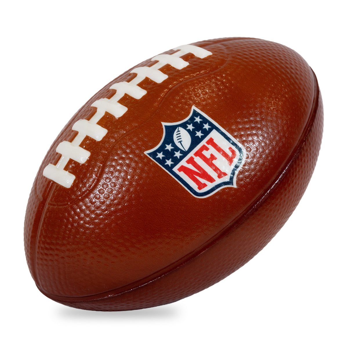 Mini NFL American football in classic brown with NFL logo and white stich details on a white background