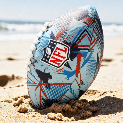 NFL Neoprene football in blue and red with NFL logo on a sandy beach