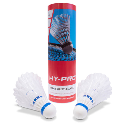 Hy-Pro Sports Shuttlecocks next to the 6 pack packaging on a white background