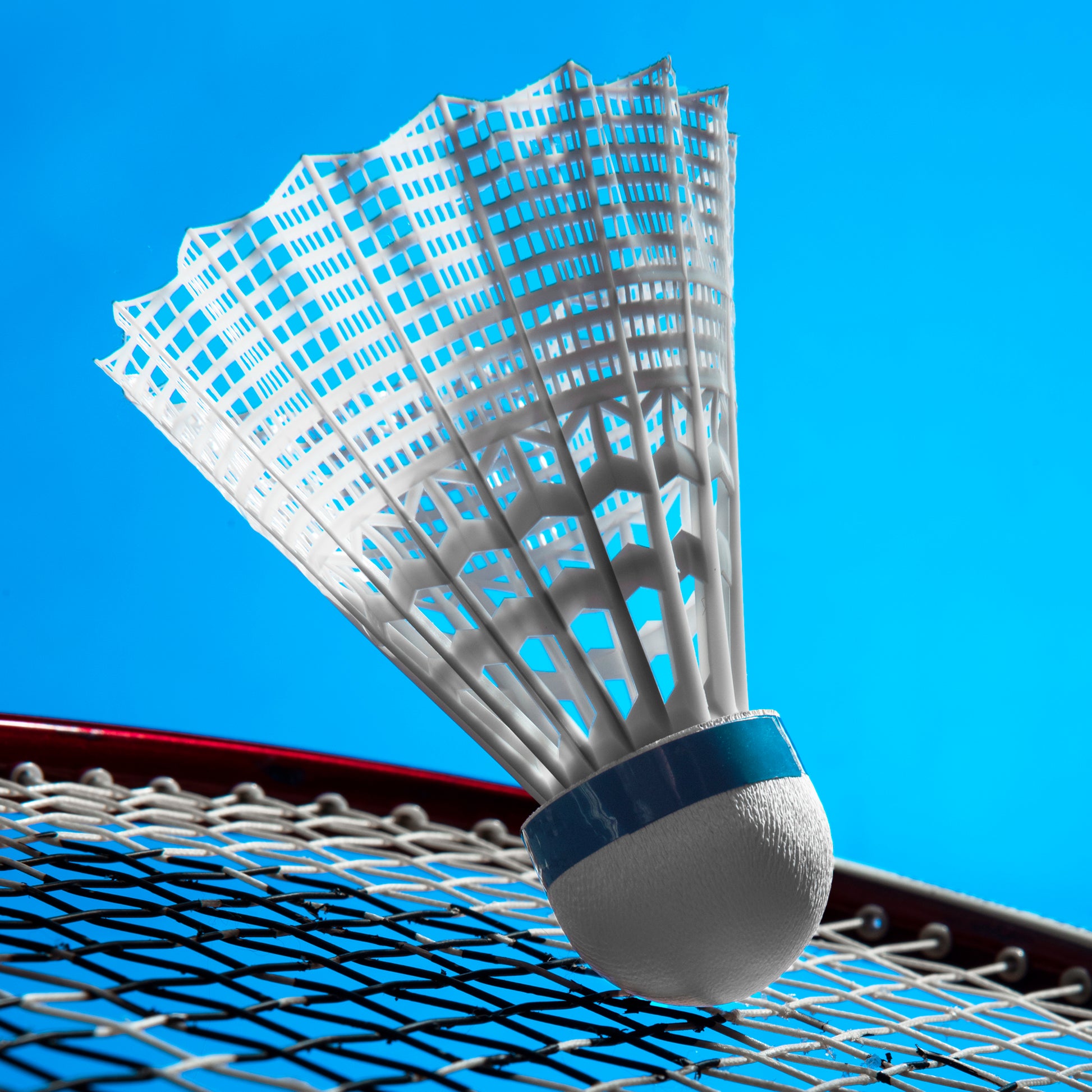Hy-Pro Sports Shuttlecock on a badminton racket with a blue background