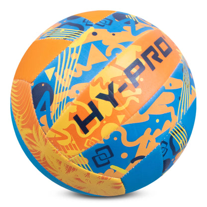 Hy-Pro Neoprene Volleyball with bright colourful blue and orange design and HY-PRO logo on a white background