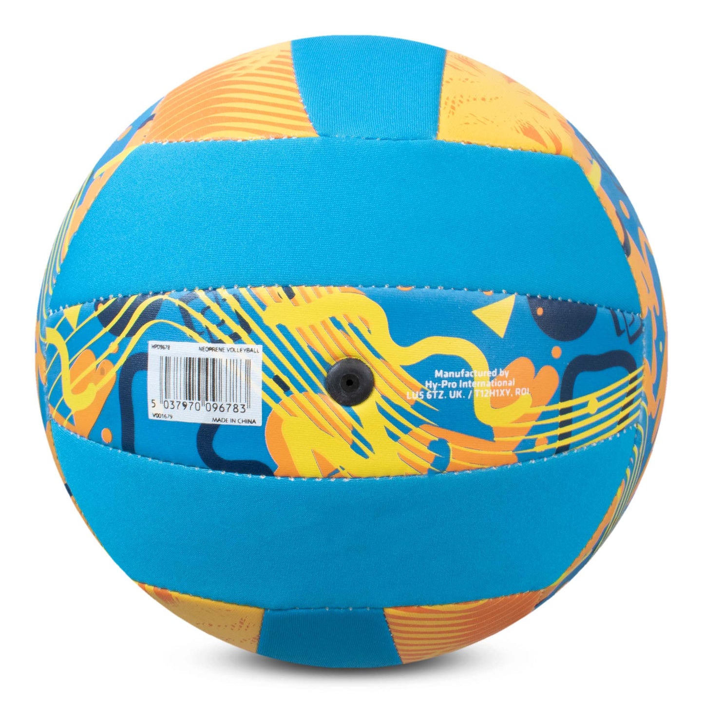 Hy-Pro Neoprene Volleyball with bright colourful design and HY-PRO logo on a white background, image shows the bottom where ball can be inflated