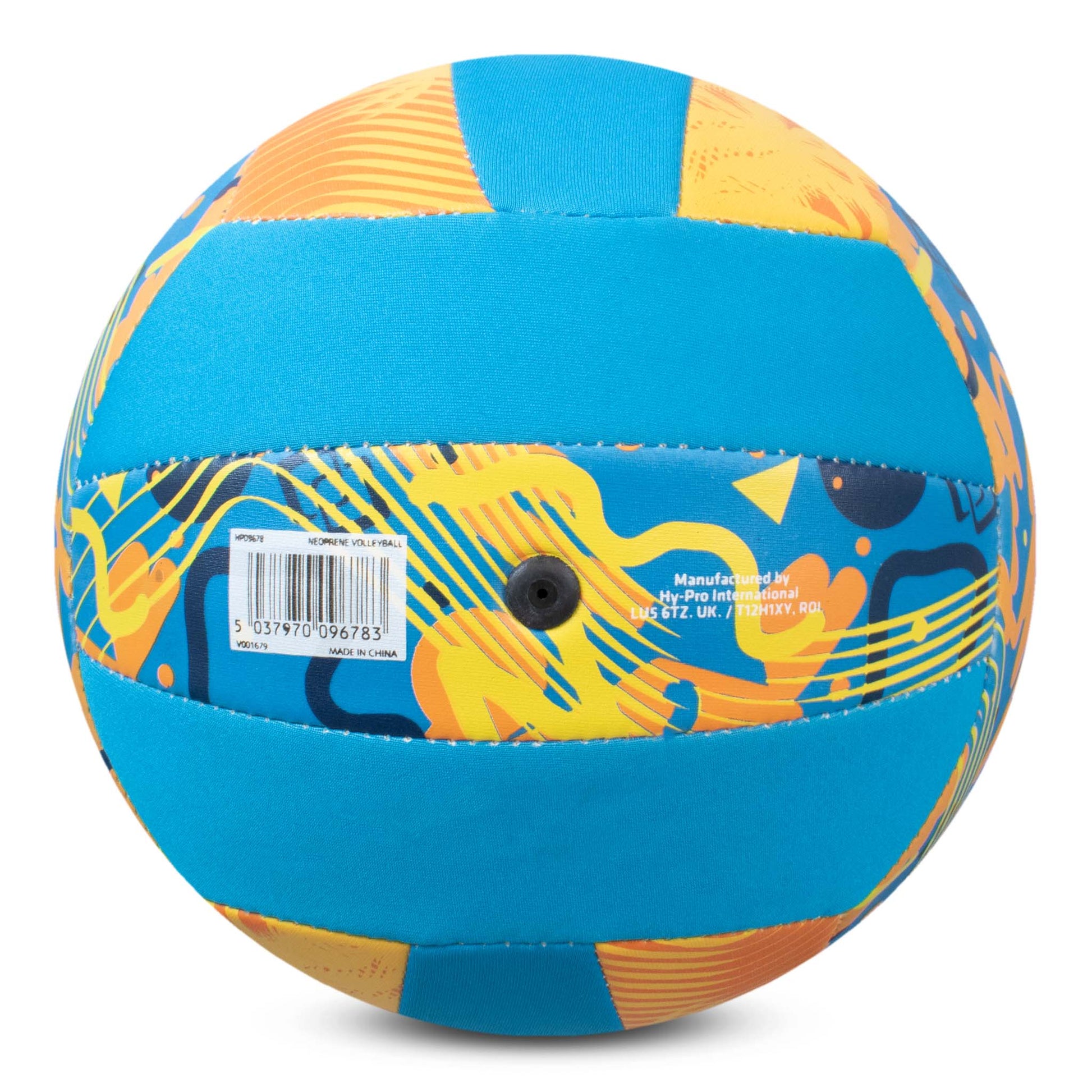 Hy-Pro Neoprene Volleyball with bright colourful design and HY-PRO logo on a white background, image shows the bottom where ball can be inflated