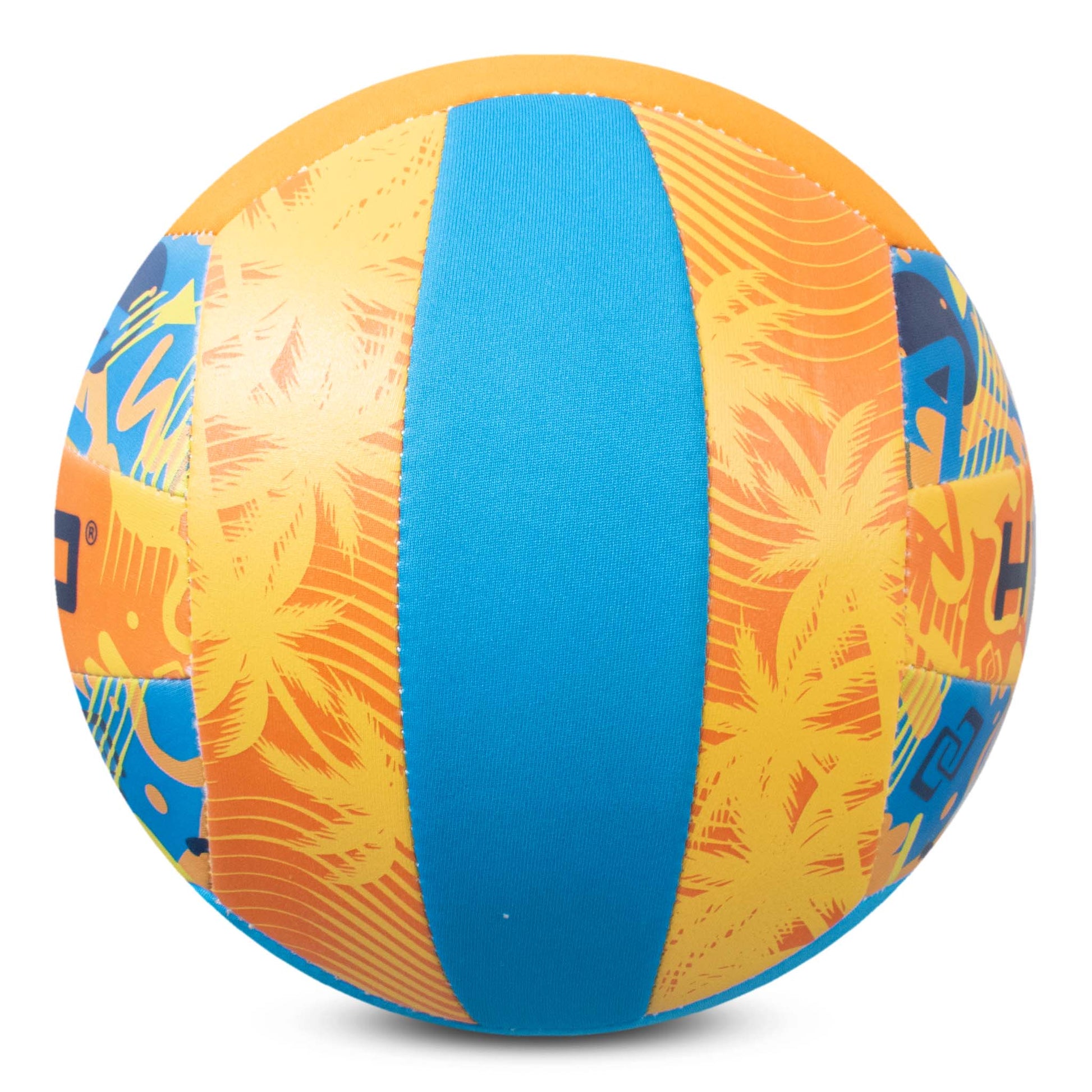 Hy-Pro Neoprene Volleyball with bright colourful orange, blue and yellow design and HY-PRO logo on a white background