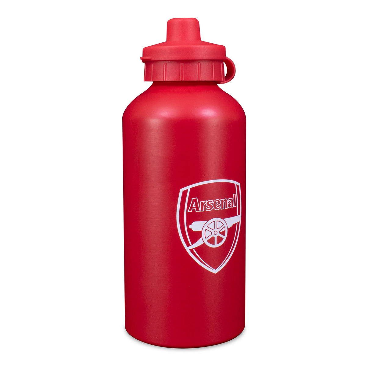 Side view of Arsenal 500ml Aluminium Matte Water Bottle in red with club crest in white on a white background
