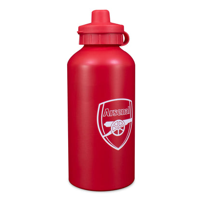 Side view of Arsenal 500ml Aluminium Matte Water Bottle in red with club crest in white on a white background
