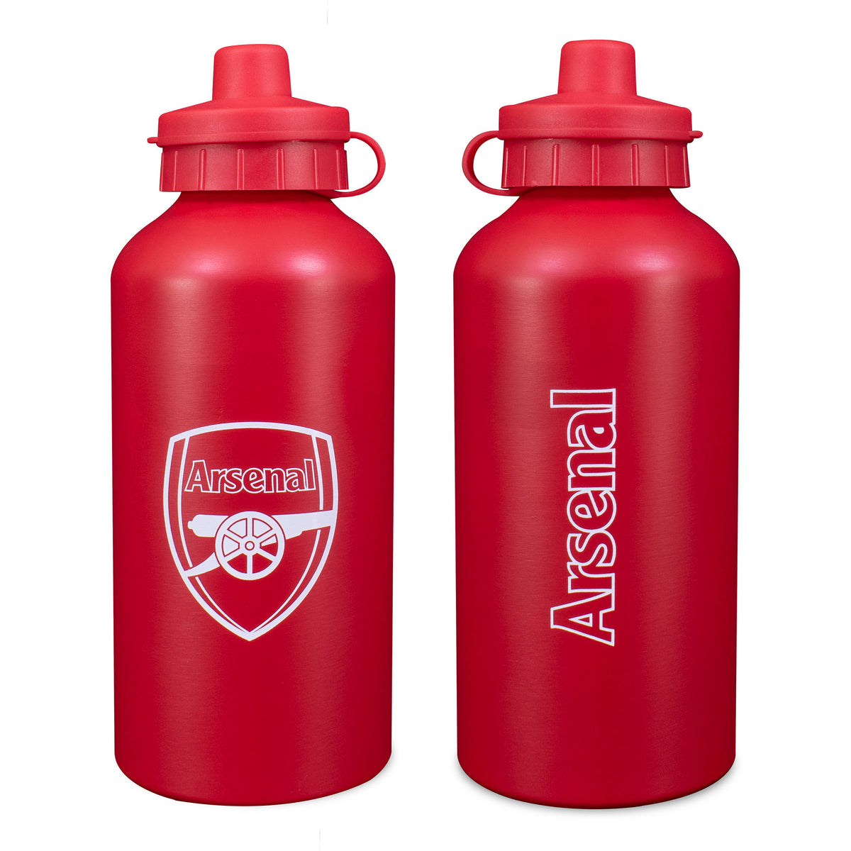 Both sides of the Arsenal 500ml Aluminium Matte Water Bottle in red with club crest in white on a white background