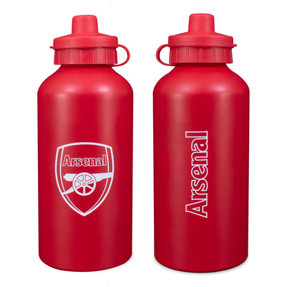 Both sides of the Arsenal 500ml Aluminium Matte Water Bottle in red with club crest in white on a white background