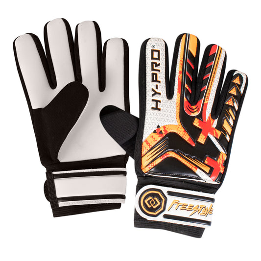 Hy-Pro Freestyle Goalkeeper Gloves in black white and orange on a white background.